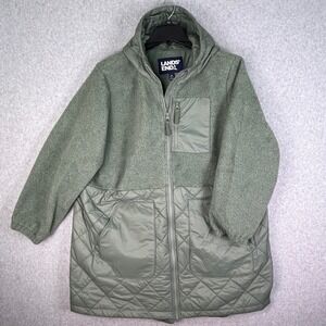 Lands End Jacket Womans 2X Green Hooded Sherpa Fleece Quilted Nylon Coat Repreve